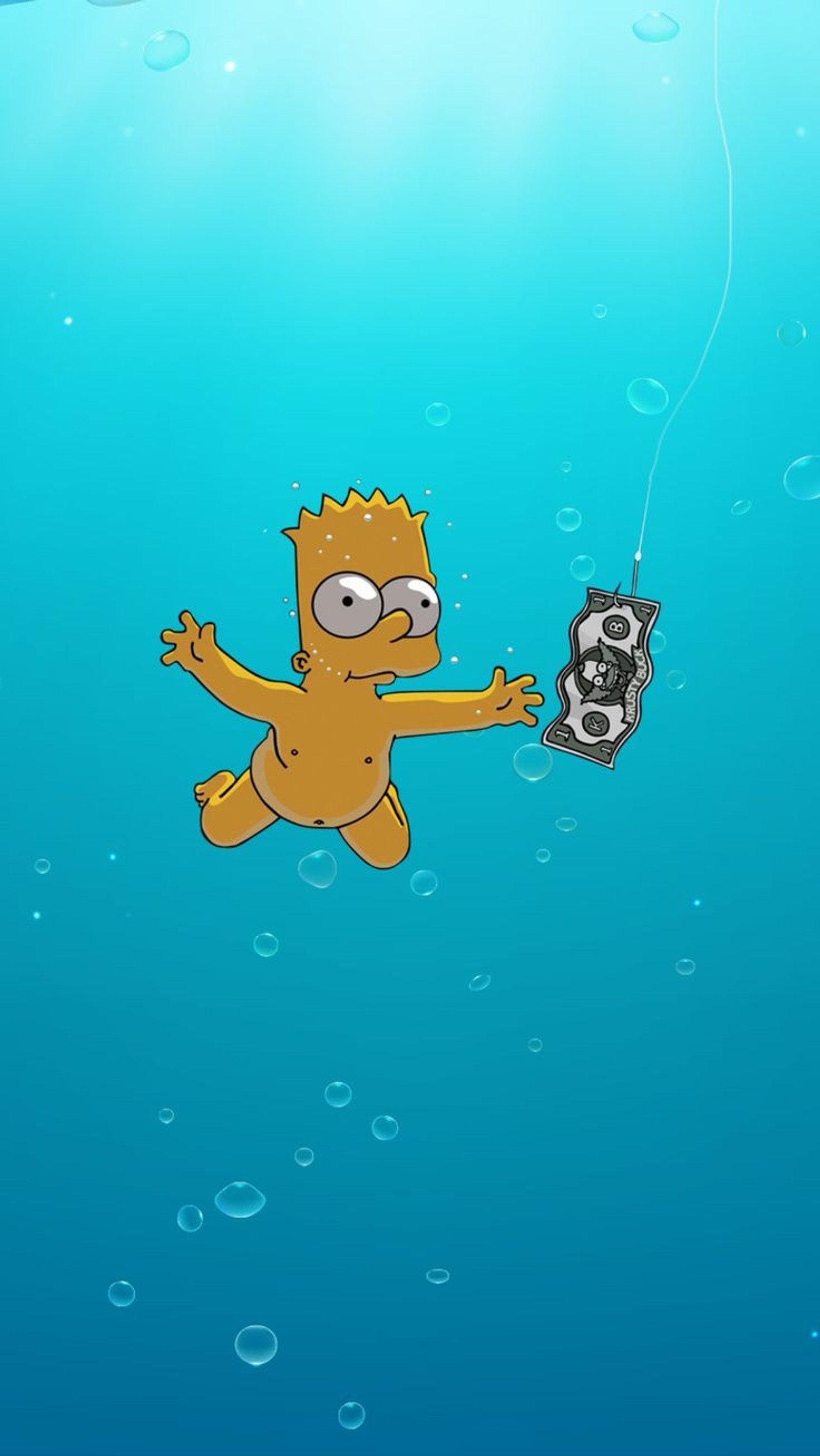 Cartoon of a man in a bodysuit holding a cell phone in the water (alternative, band, bands, grunge, nirvana)