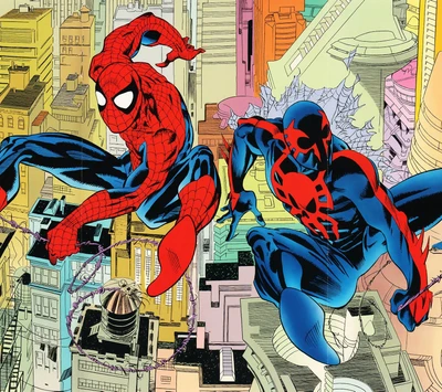 Dupla dinâmica: Homem-Aranha e Homem-Aranha 2099 balançando pela cidade