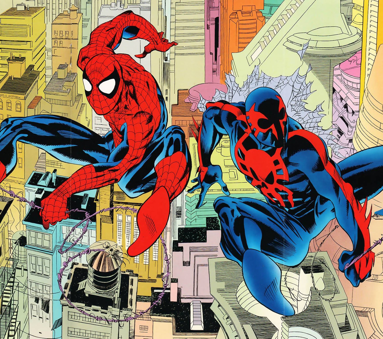 Spider-man et spider-man dans une scène urbaine (marvel, spiderman)