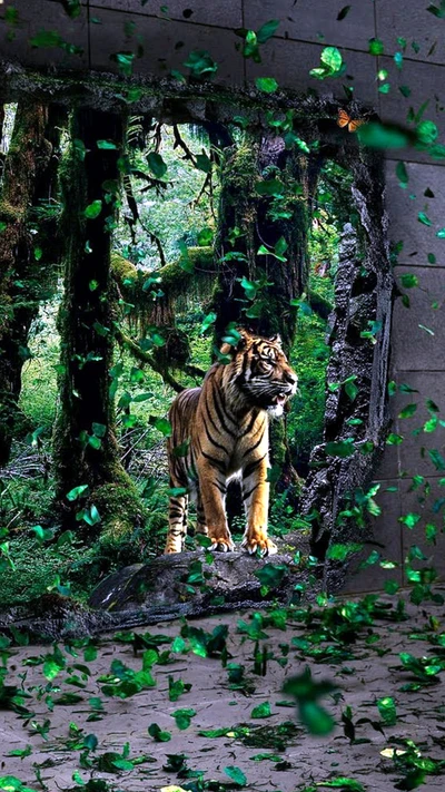 A majestic tiger stands at the threshold of a lush forest, framed by a crumbling stone wall, with vibrant green leaves swirling around.