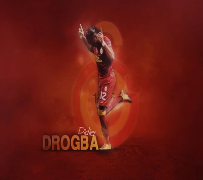 Didier Drogba celebrando con una camiseta de Galatasaray, contra un vibrante fondo rojo.