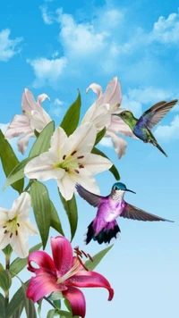 Hummingbirds Among Vibrant Lilies Under a Blue Sky