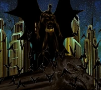 Batman em pé em meio a uma paisagem urbana de morcegos