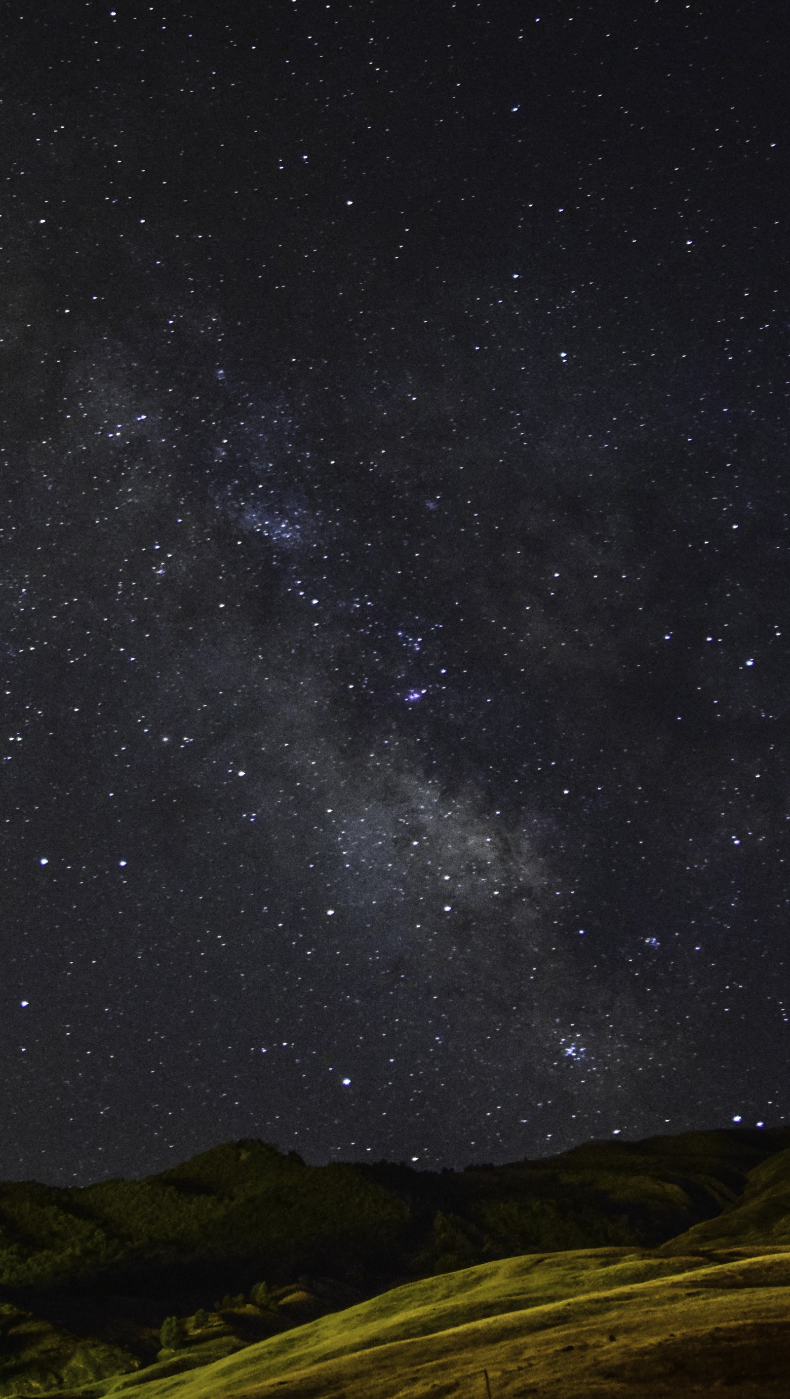 Céu estrelado com algumas estrelas sobre um campo gramado (paisagem, via láctea, noturno, nocturne, estrelas)