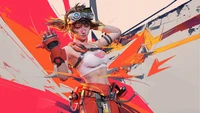 Dynamic character design featuring a stylish female figure in a vibrant, graffiti-inspired environment, embodying the essence of a futuristic video game.