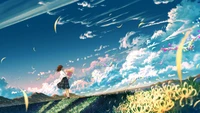 anime girl, landscape, dreamlike, morning breeze, flower bouquet wallpaper