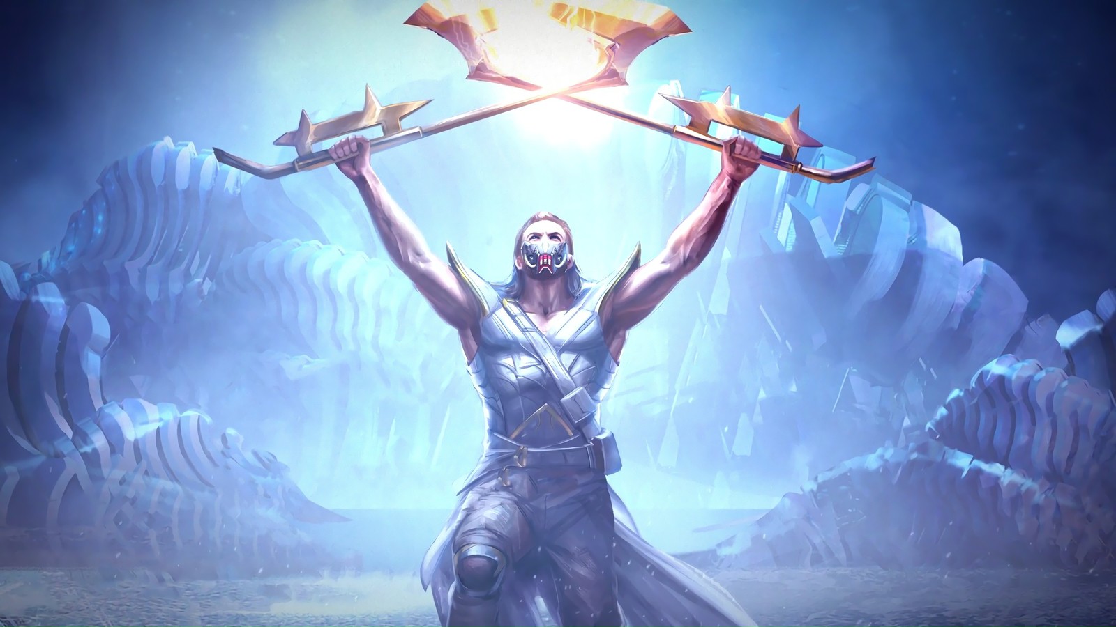 A close up of a person holding two swords in the air (kabal, mortal kombat 11, video game)