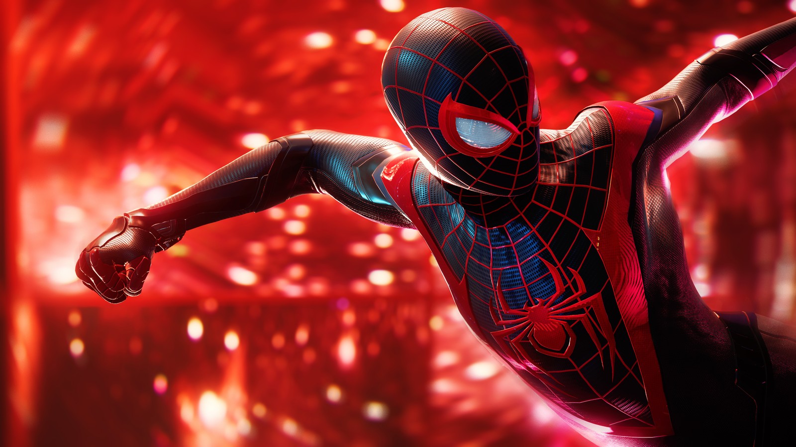 Spider-man en costume volant dans les airs avec des feux d'artifice en arrière-plan (marvels spider man remastered, capture décran, rouge, spiderman, jeux)