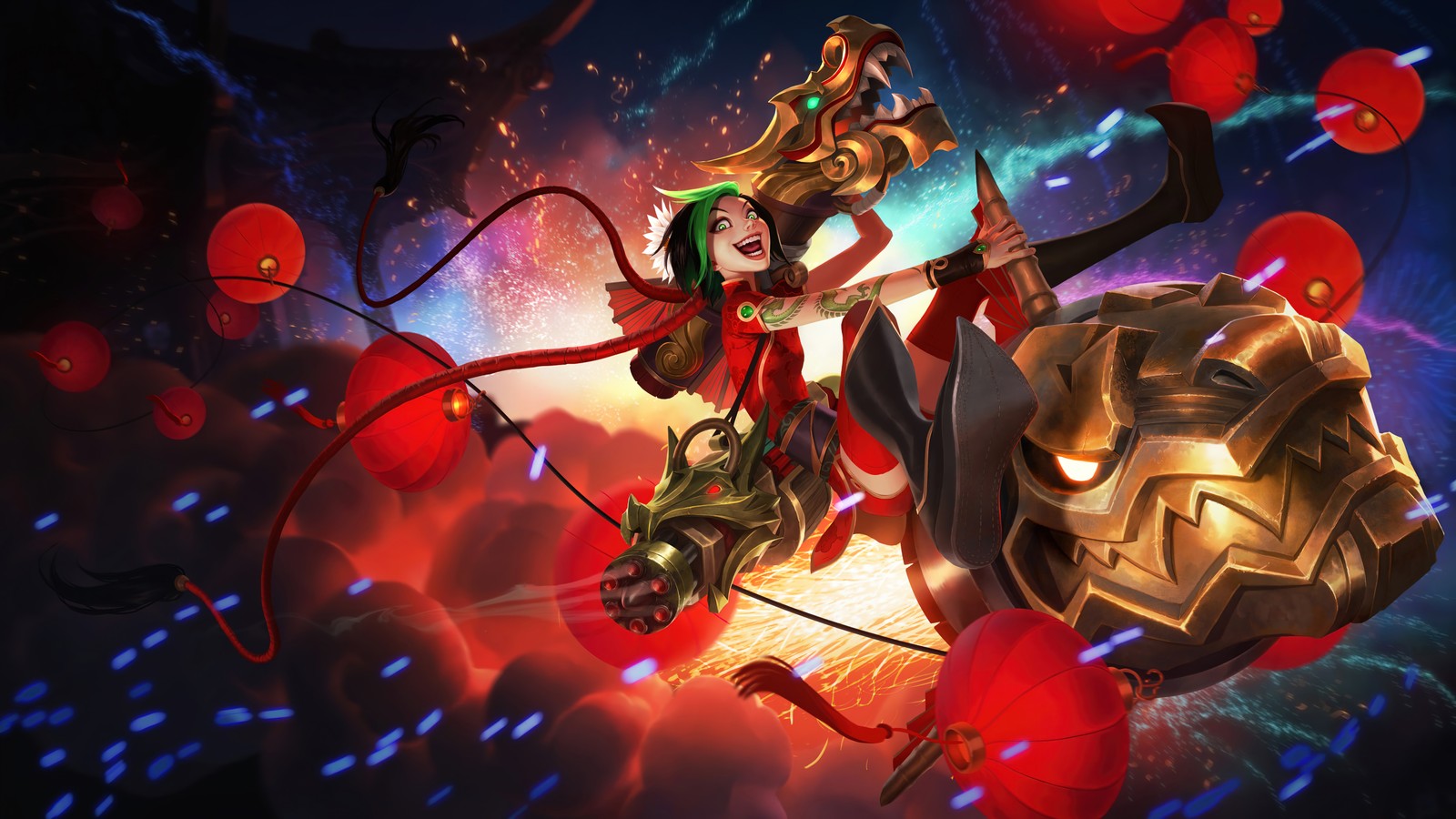 Une femme en robe rouge montant à cheval avec des ballons (jinx, petard, peau, art visuel, lol wild rift)