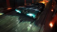 Dynamischer Batman im Batmobil, der durch die Schatten rast