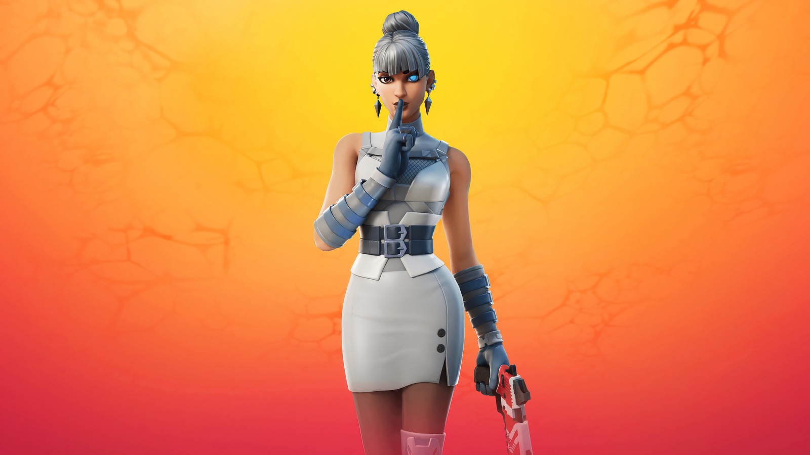 Una mujer en un vestido corto blanco sosteniendo un arma (fortnite, videojuego, kor, arctic operative)