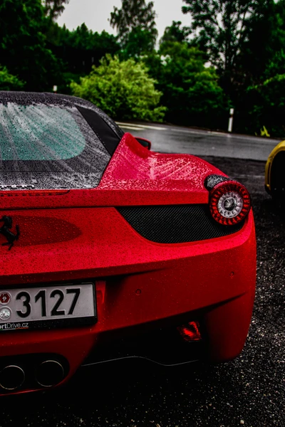 Ferrari 458 em vermelho marcante, com linhas elegantes e gotas brilhantes de chuva, exibindo sua elegância esportiva.