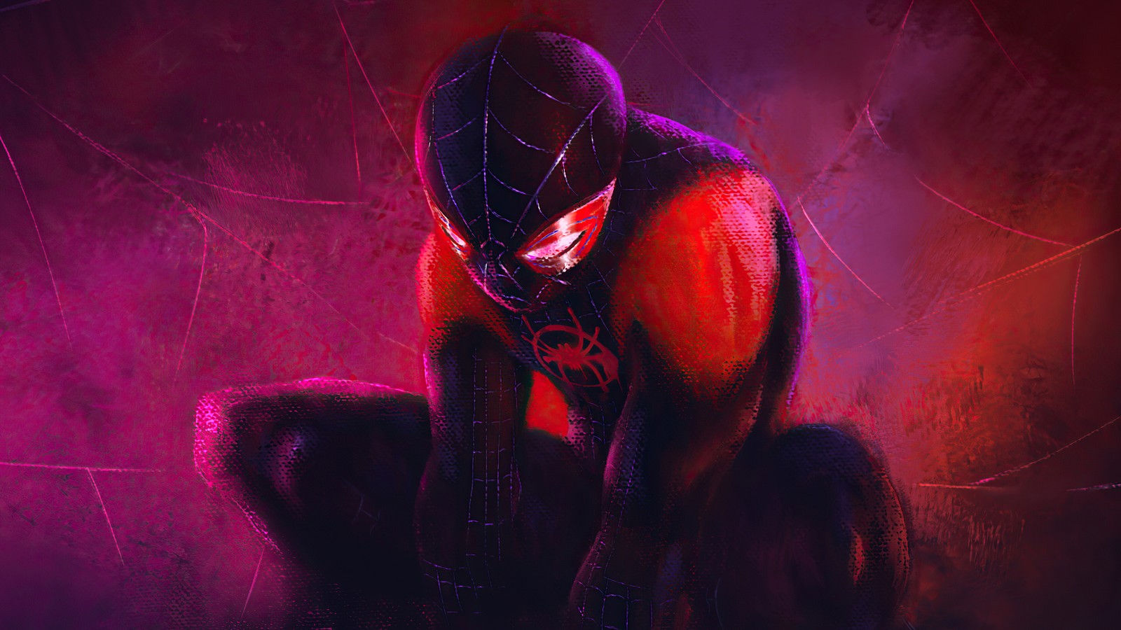 Spider-man en un costume rouge accroupi sur une toile d'araignée (miles morales, spider man, marvel comics, bandes dessinées, super héros)