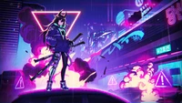 Guerreiro de anime futurista em uma paisagem urbana cyberpunk