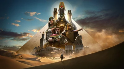 Scène épique d'Assassin's Creed Origins mettant en scène des personnages emblématiques dans un paysage majestueux de pyramides.