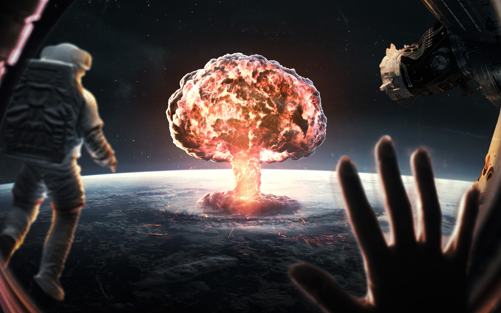 A man in a space suit standing next to a large mushroom (nuke, nuclear explosion, nuclear war, astronaut, ww3)