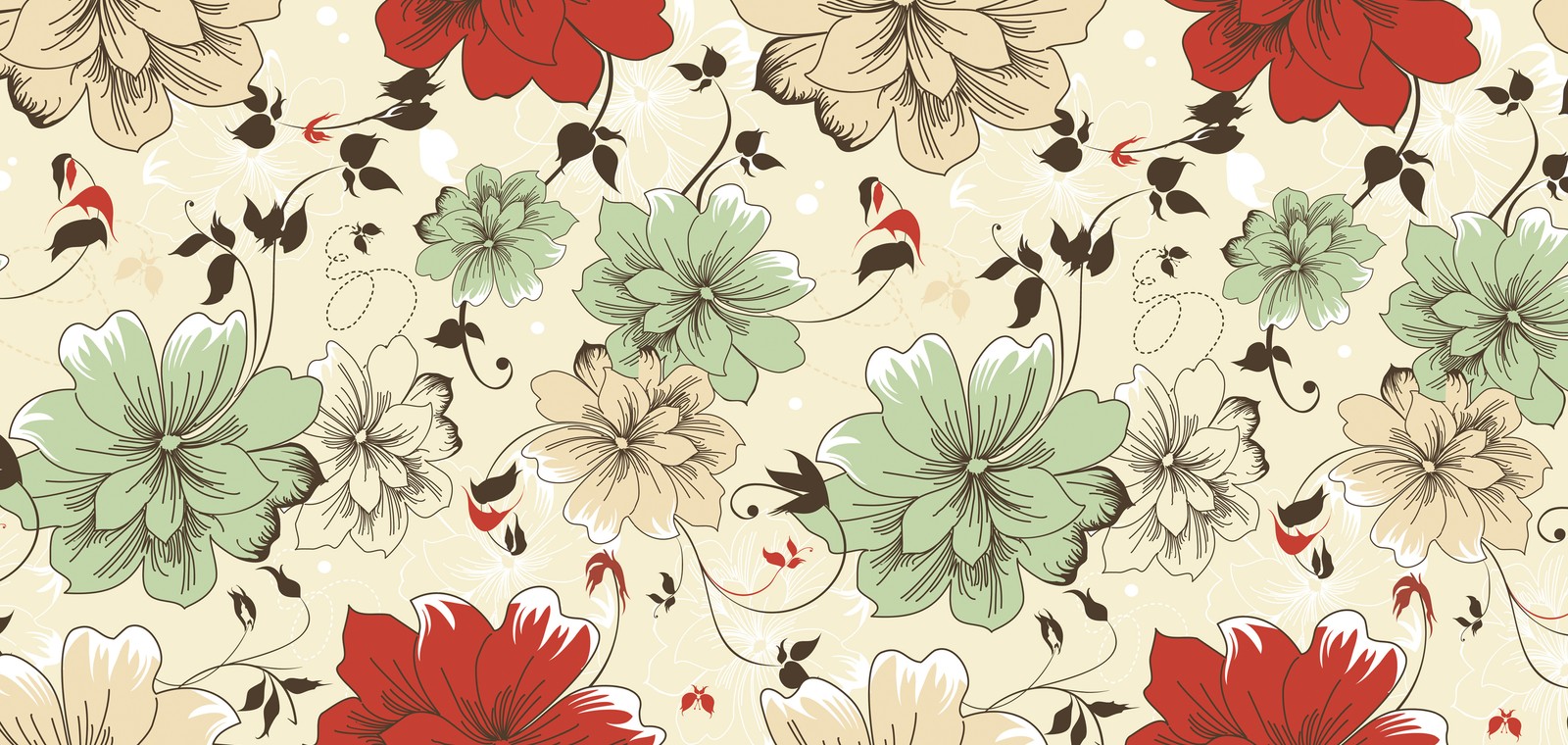 Un patrón floral con flores rojas y verdes sobre un fondo beige (flor, diseño floral, textil, diseño, patrón)