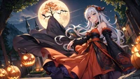 anime girls, halloween, holiday, night, moon wallpaper