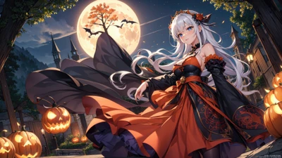 anime girls, halloween, holiday, night, moon