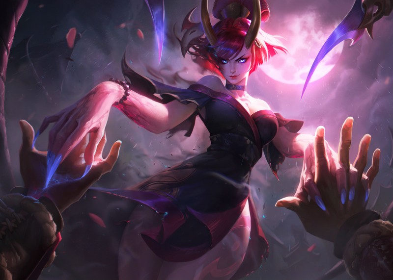 Крупный план женщины с мечом в темной комнате (кровавая луна эвелин, blood moon evelynn, league of legends, evelynn, игры)