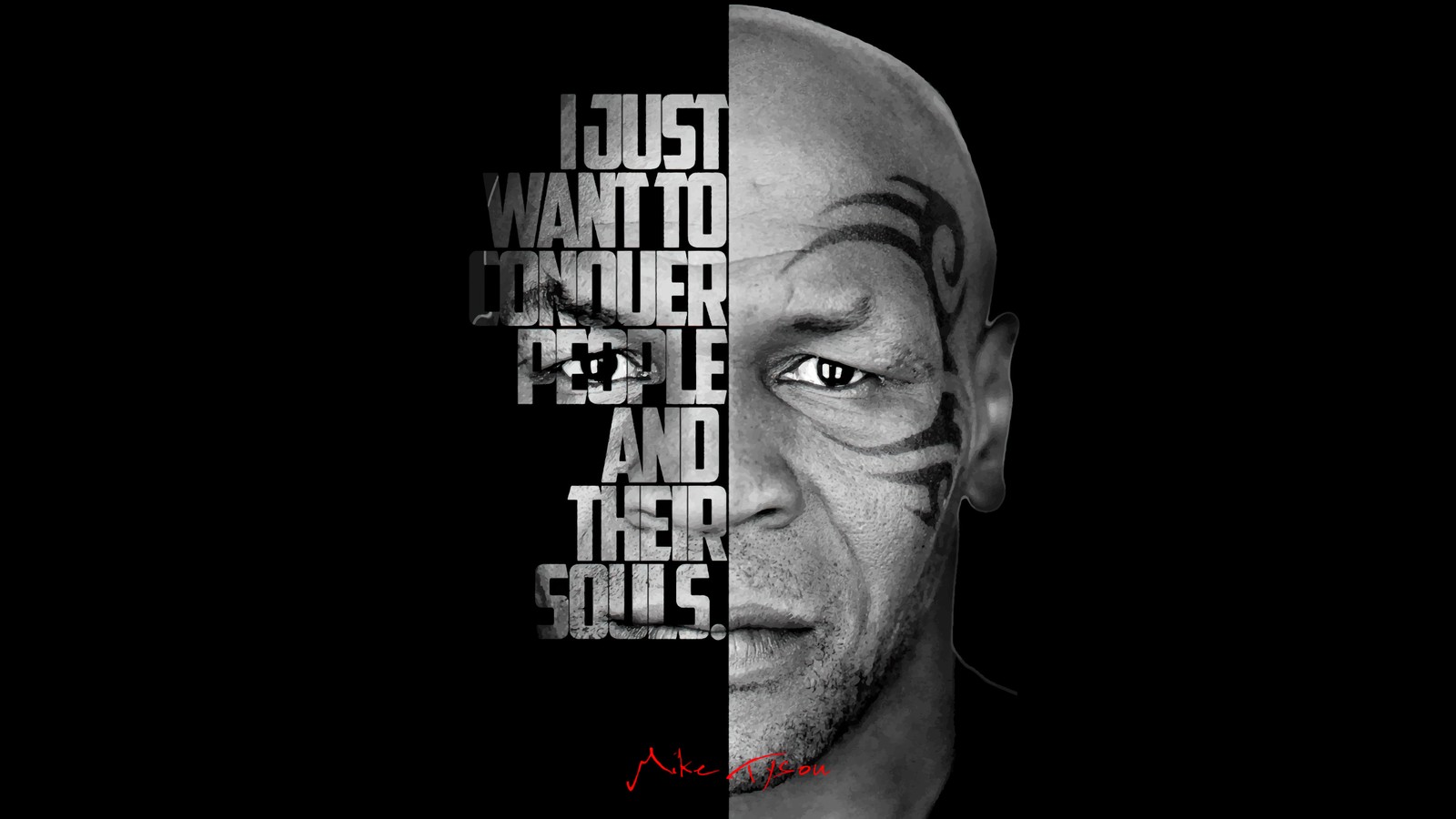 A man with a tattoo on his face and a quote on his face (mike tyson, popular quotes, iron mike, black background, monochrome)