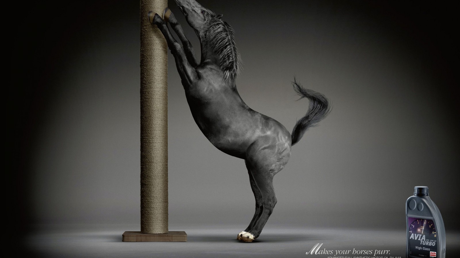 Araffe standing on its hind legs on a pole with a bottle of alcohol (advertising, black and white, statue, sculpture, classical sculpture)