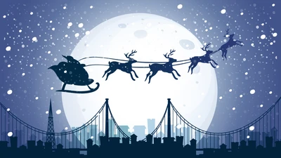 Santa Claus in Sleigh Silhouette Against a Winter Moon