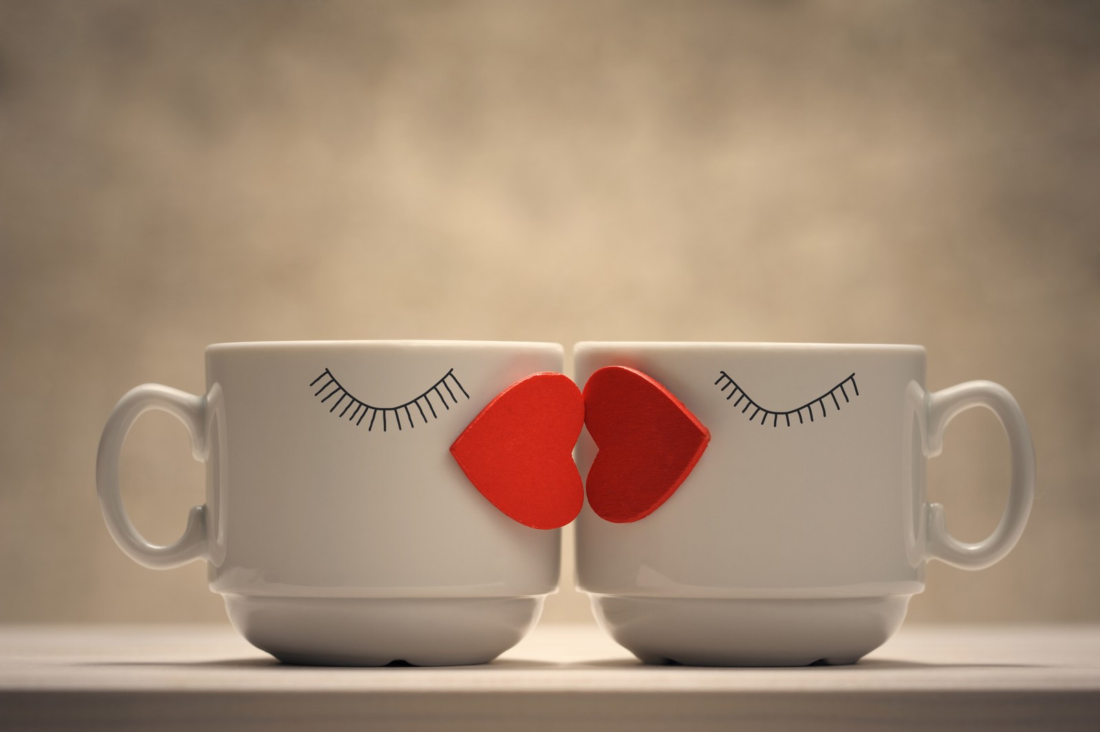 Two white coffee cups with red lips and eyelashes on them (coffee cups, love hearts, kissing hearts, romantic, cute cups)