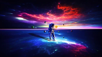 Astronaut in a vibrant cosmic landscape, holding a glowing orb amidst colorful planets and a distant sun.