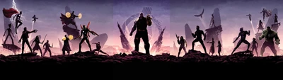 Epic Showdown of Marvel Superheroes Against Thanos in a Dark Landscape