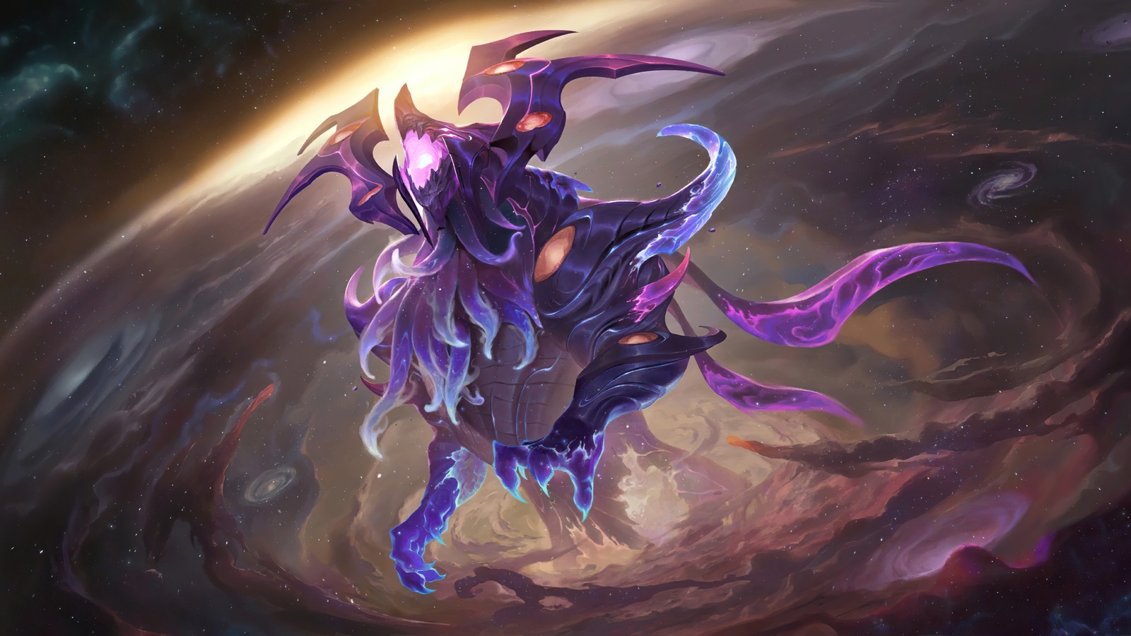 Uma mulher em um traje roxo montando um dragão roxo através de um vórtice espiral (the great beyond, targon, celestial, legends of runeterra, lor)