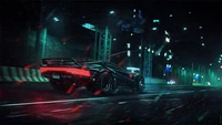 Futuristisches schwarzes Sportauto in regnerischer Cyberpunk-Stadtlandschaft