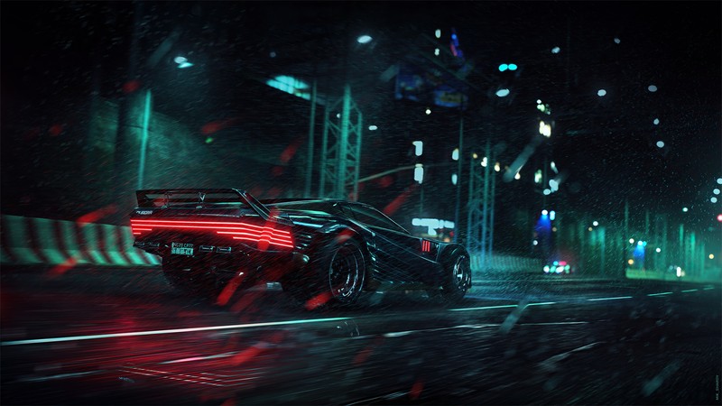 Крупный план автомобиля, движущегося по городским улицам ночью (cyberpunk 2077, видеоигра, научная фантастика, машина)