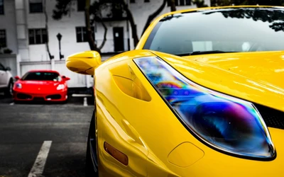 Superbe Ferrari 458 jaune avec Ferrari F430 rouge en arrière-plan