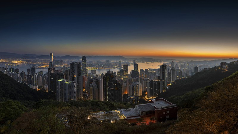 Вид на городской силуэт ночью с холма (гонконг, hong kong, городской пейзаж, город, городская территория)