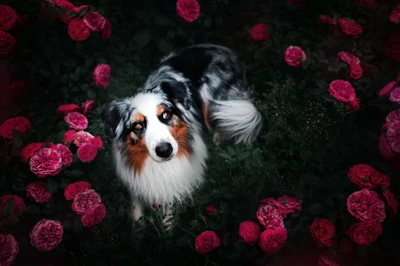 Um pastor australiano miniatura cercado por vibrantes rosas vermelhas, exalando charme e elegância em um cenário de jardim exuberante.