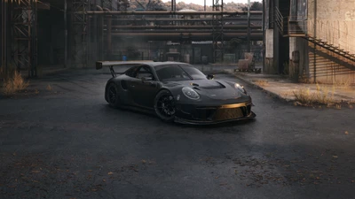 Esthétique sombre Porsche 911 GT3 dans un cadre industriel abandonné