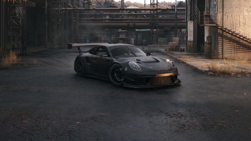 Близкий план автомобиля, едущего по улице рядом со зданием (porsche 911 gt3, cgi, 5k, темная эстетика, машины)