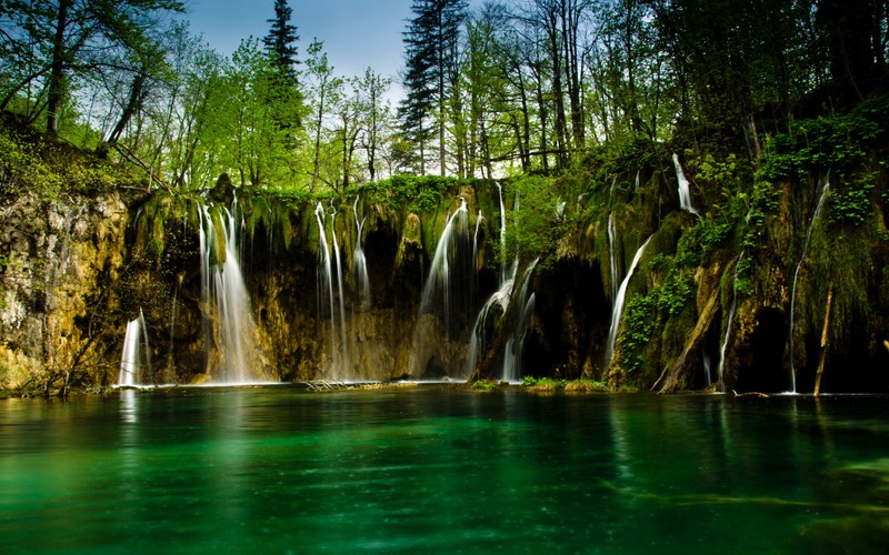 Водопад посреди леса с текущей водой (национальный парк плитвицкие озера, plitvice lakes national park, водопад, водоем, природа)