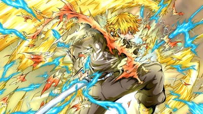 Zenitsu Agatsuma unleashes lightning-fast movements while wielding his sword in a powerful attack.