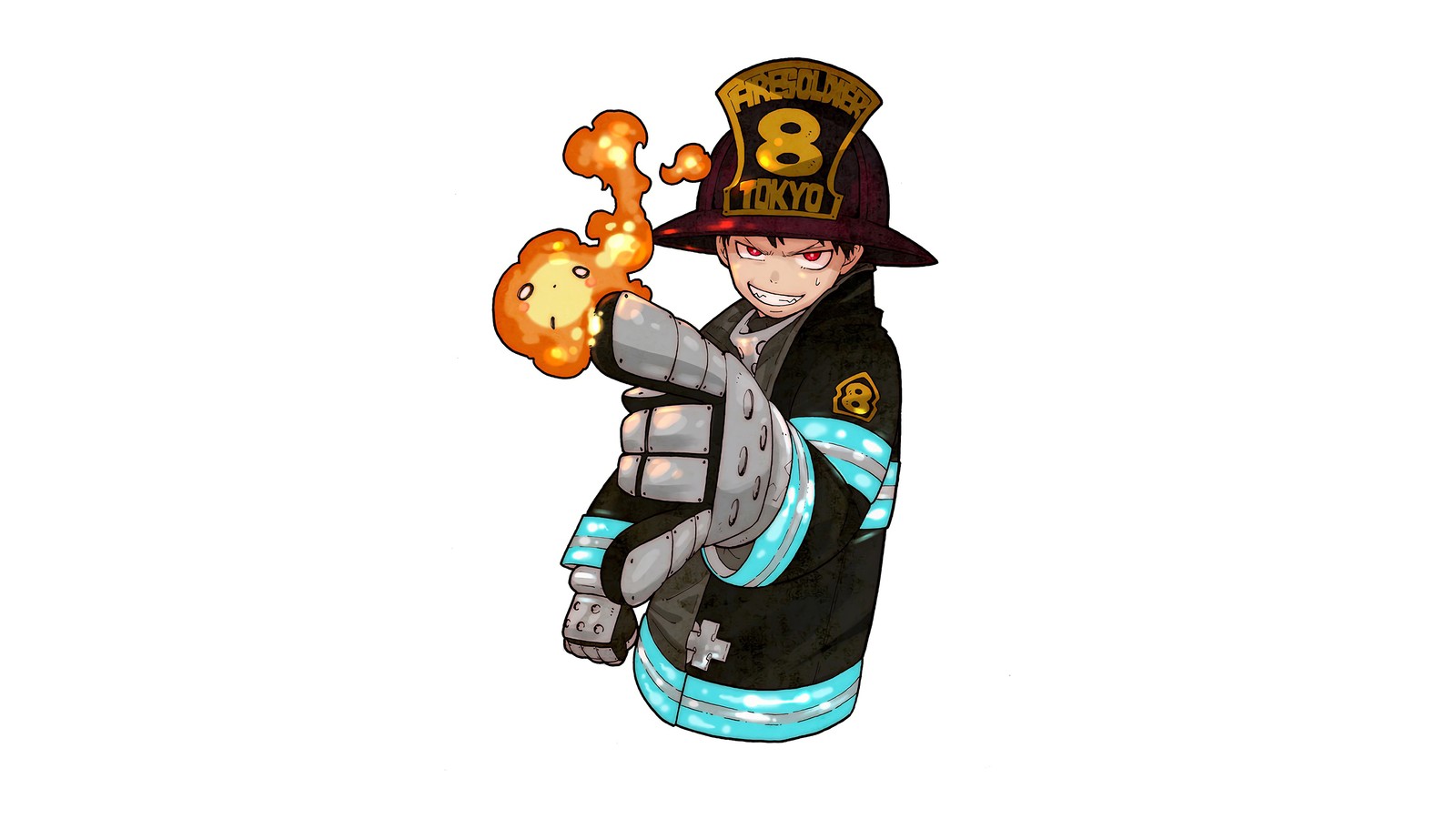 Мультипликационный пожарный с гидрантом в руке (fire force, аниме, anime, огненная бригада, enen no shouboutai)