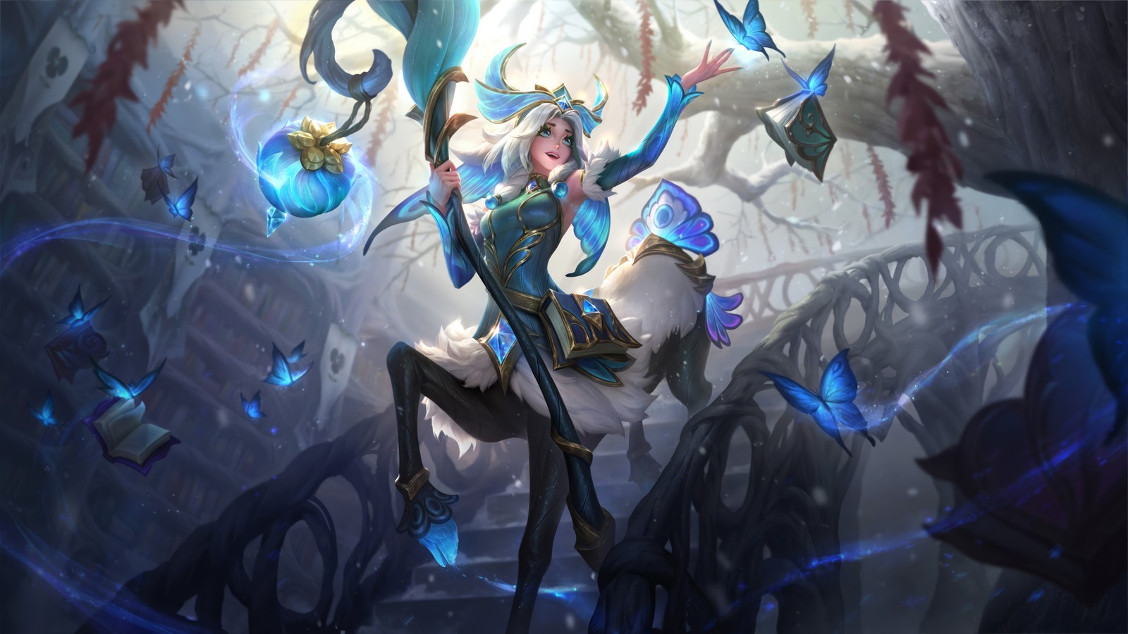 A woman in a blue dress holding a blue crystal in her hand (faerie court, lillia, skin, lol, legends of legends)