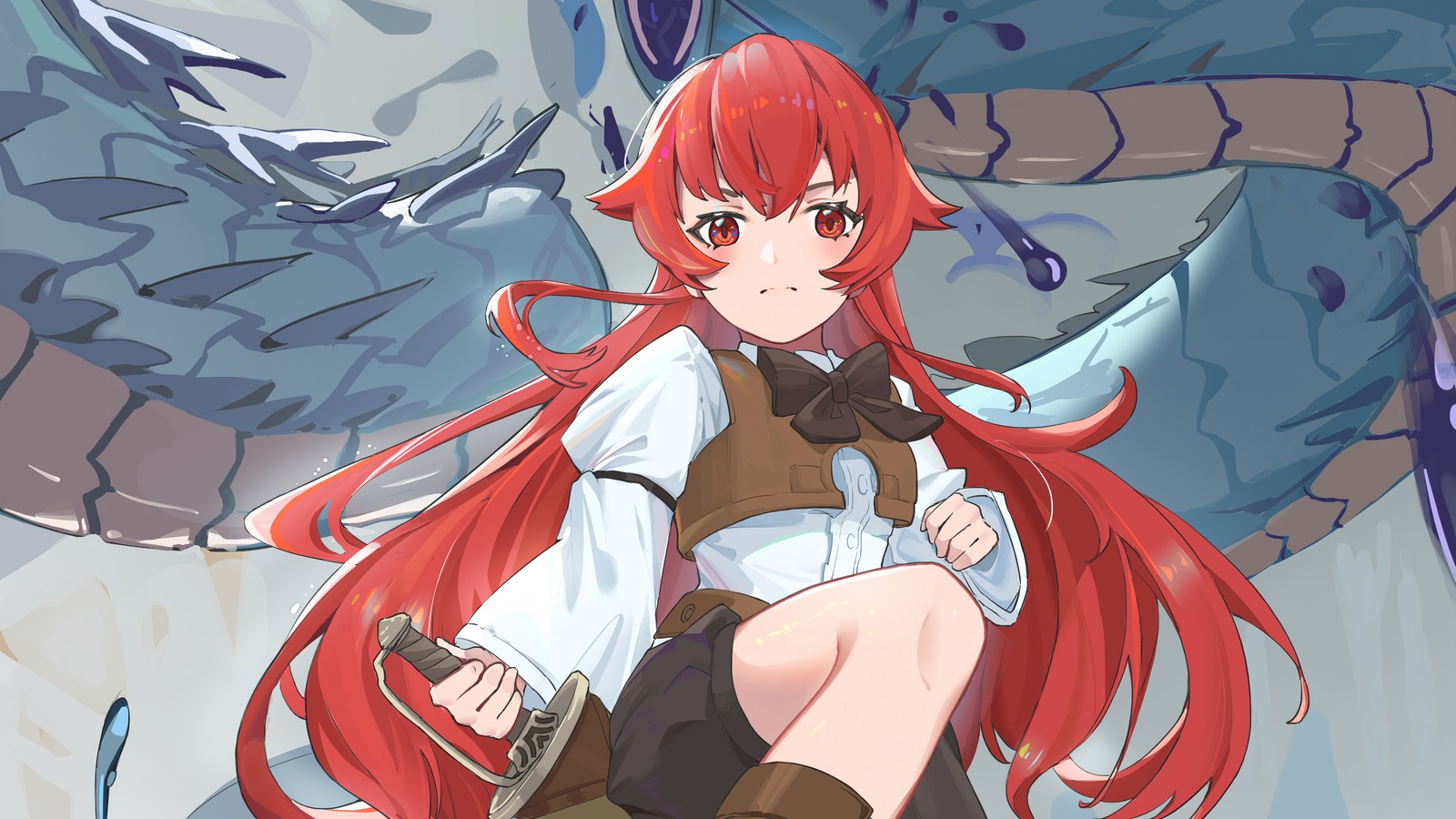 Fille d'anime avec des cheveux rouges et une épée devant un dragon (mushoku tensei isekai ittara honki dasu, anime, isekai ittara honki dasu, jessaierai sérieusement si je vais dans un autre monde, 無職転生 異世界行ったら本気だす)