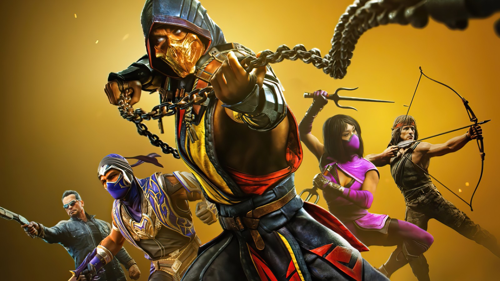 A group of people in costumes and weapons in a yellow background (mk11, mortal kombat 11, ultimate, video game, scorpion)