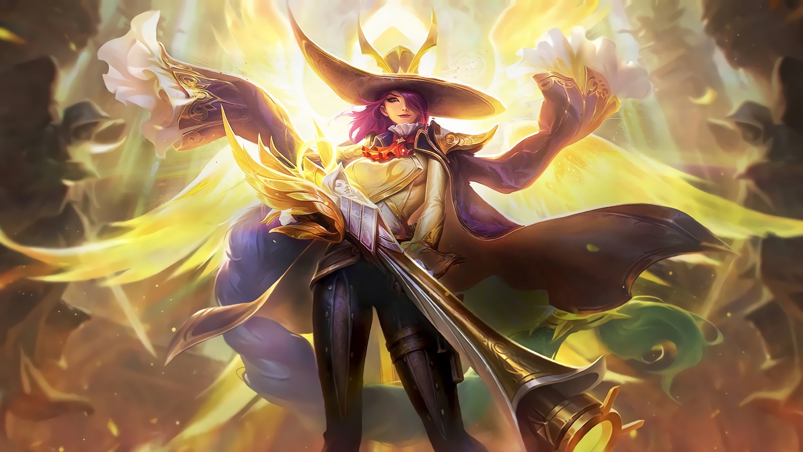 Une femme en chapeau et manteau tenant une épée dans ses mains (lesley, agent angélique, peau, mobile legends, ml)