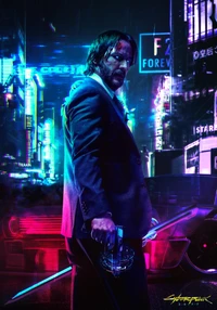 Keanu Reeves como un asesino ciberpunk en un paisaje urbano iluminado por neón, empuñando armas futuristas en una atmósfera de alta energía.