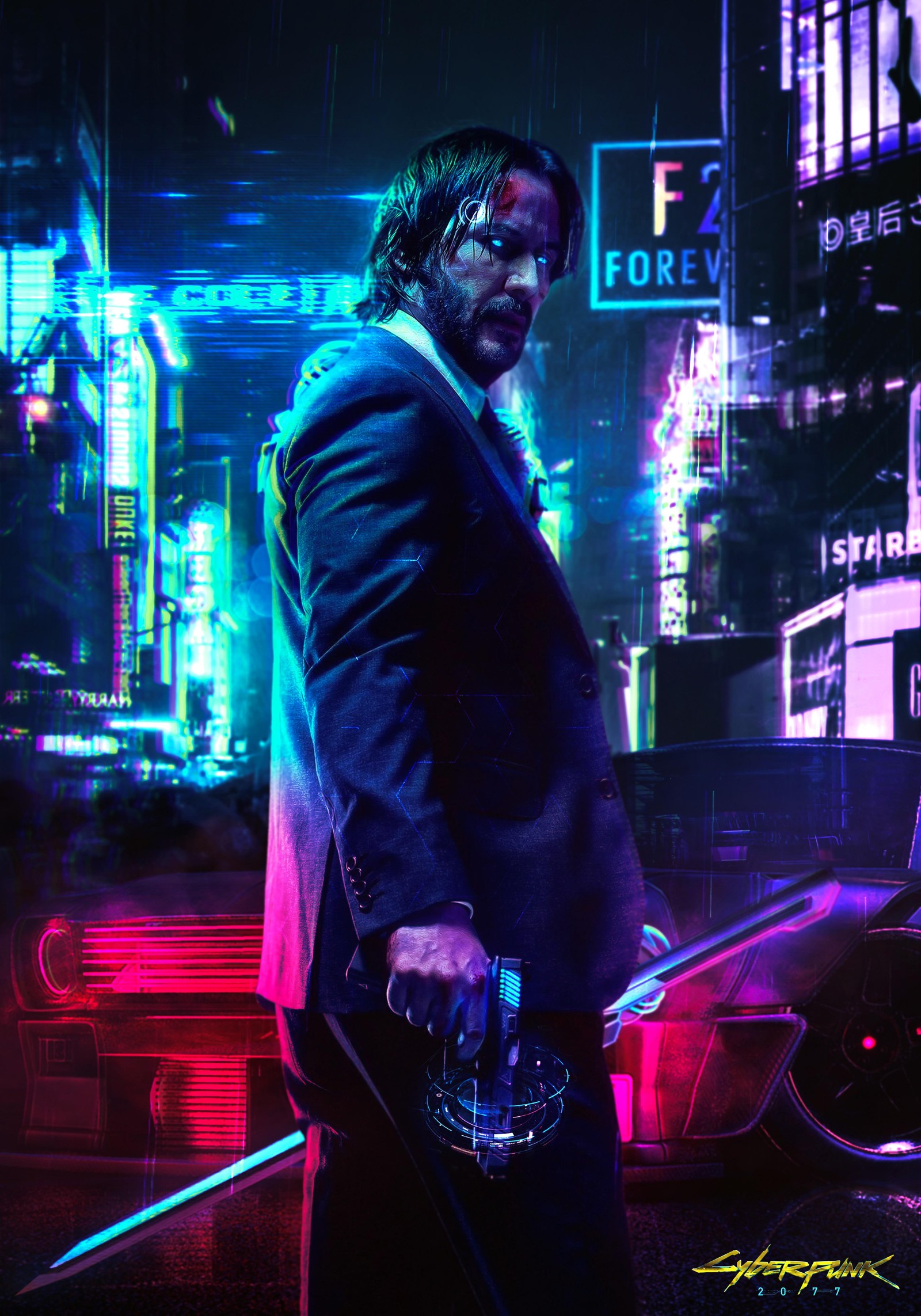 Арабская картинка человека в костюме с мечом (cyberpunk 2077, джон уик, john wick, киану ривз, keanu reeves)