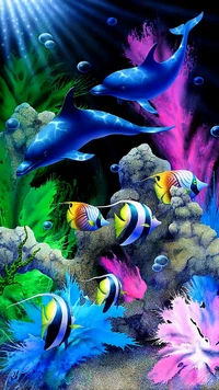 Colorful Dolphins and Tropical Fish in a Vibrant Underwater World