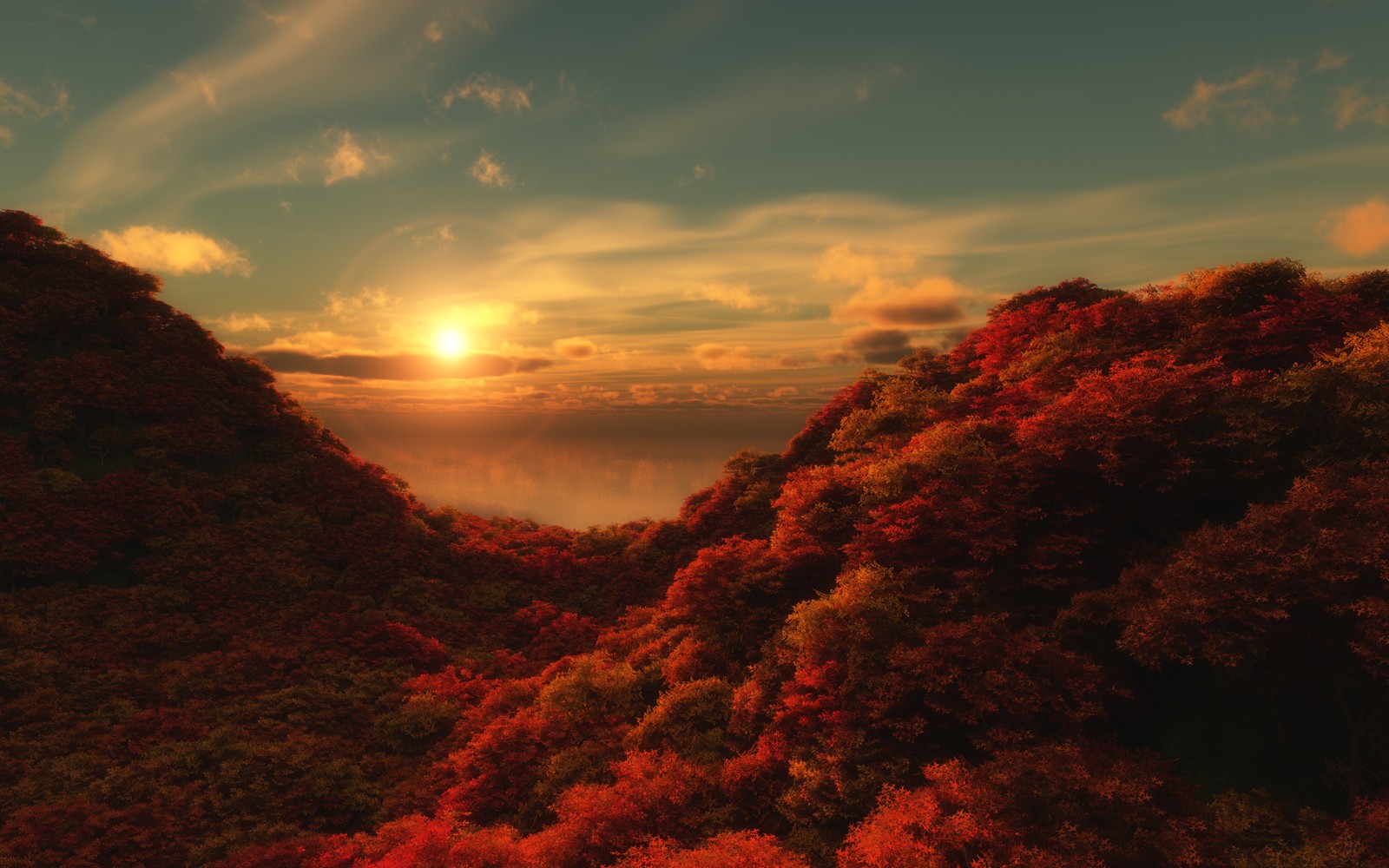 A sunset over a mountain with trees and clouds (red trees, sunrise, cloudy sky, forest, aerial view)