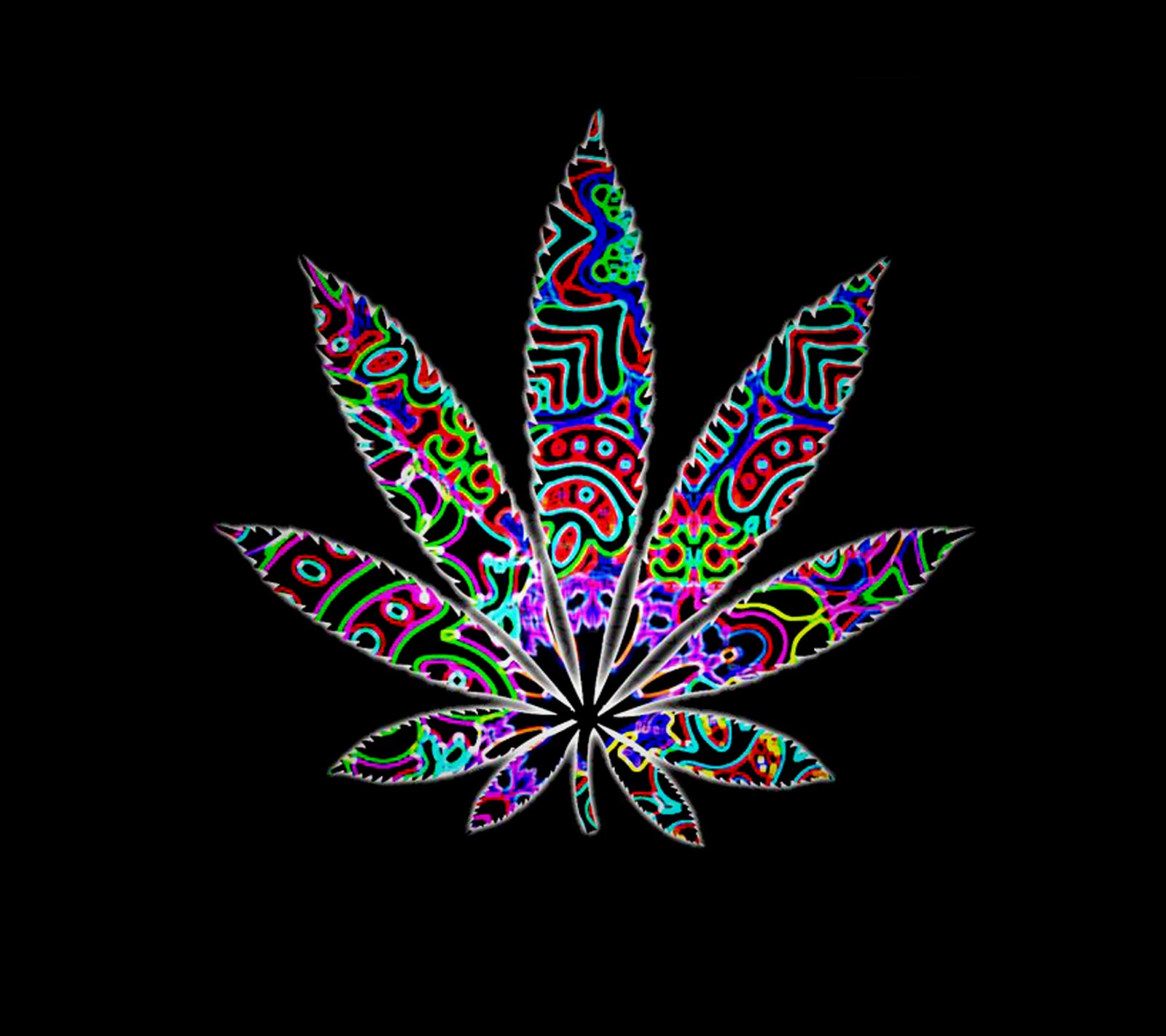 A close up of a marijuana leaf with a black background (black, colorful, leaf, smoke)